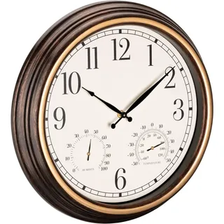 Navaris Outdoor Wanduhr analog - mit Thermometer und Hygrometer Anzeige - 38,1 x 5cm - runde Uhr zum Aufhängen ohne Ticken - Deko Garten Wand Uhr - Kupfer