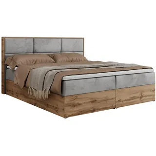 MKS Meble Boxspringbett, Doppelbett mit bettkasten und Multipocket-Matratze, Polsterbett mit Kopfteil, Eiche Holzrahmen - Albero-2 - 180x200cm - Hellgrau Velvet - H3 - Grau