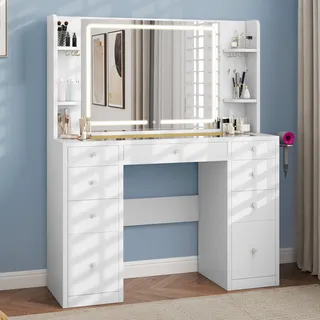 DWVO Große Schminktisch mit verstellbaren LED-Beleuchtung und Steckdosen,Transparenter Schreibtisch,Frisiertisch mit 9 Schubladen, Geteilte Schubladen, Weiß, 142x110x40cm