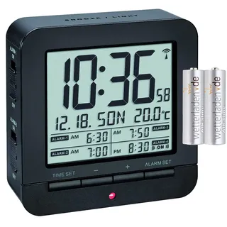 TFA Dostmann 60.2536 Digitaler Funk-Wecker Reisewecker 4 Alarme (schwarz mit Batterien)