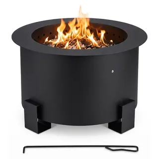Relaxdays Feuerschale ohne Rauch, Stahl, HxØ 34x56 cm, Doppelwand-System, mit Schürhaken, raucharme Feuerstelle, schwarz