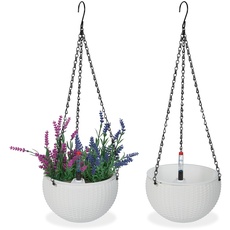 Bild von Blumenampel mit Wasserspeicher, 2er Set, Wasseranzeige, Flechtoptik, HxD: 54x18,5 cm, Blumentopf hängend, weiß