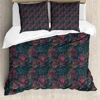 ABAKUHAUS Lotus Bettbezug, Konzept der Blumen von Asien, Milbensicher Allergiker geeignet mit Kissenbezügen, 155 cm x 220 cm - 80 x 80 cm, Dunkle Coral Schiefer-Blau