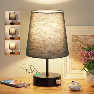 PreeOtti Nachttischlampe Touch Dimmbar, USB A+C-Ladefunktion, Tischlampe mit Schwarzem Stoffschirm, Kleine Lampe für Nachttisch Wohnzimmer Schlafzimmer Kinderzimmer Büro(LED-Birne Inklusive)