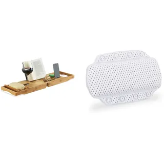 Relaxdays Badewannenablage Bambus, HBT: 19x107,5x23cm, Natur & Badewannenkissen, Badekissen mit Saugnäpfen, Spa, Wannenkissen für Kopf & Nacken, 19,5 x 30,5 x 3,5 cm, weiß