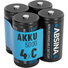 ABSINA 4X Batterien C Baby LR 14 wiederaufladbar 5000 mit geringer Selbstentladung - C Batterien Akku NiMH mit min. 4500mAh & 1,2V - Baby C Akku, Baby Batterien, Batterien Baby C, Batterie C LR14