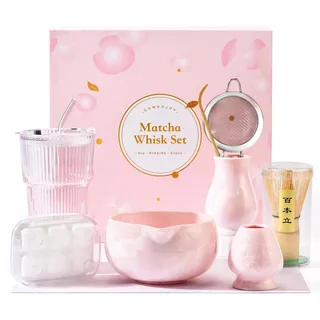Matcha Set Rosa 9-teilig mit Schale, Bambusbesen, Halter, Glasbecher, Eiswürfelform, Löffel, Sieb, Teetuch - Rosa