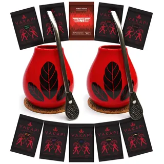 Yerba Mate Tee aus Paraguya Set für Zwei | Keramik mate-tee becher Hoja Rot 350ml kalebasse tasse | Paraguya Mate-Tee Vakapi 10x50g loose leaf set | Edestahl trinkhalm Bombilla und korkpad