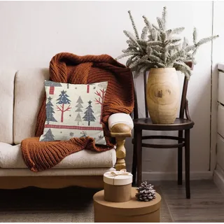 Queence Weihnachtsbäume karriert 40 x 40 cm Beige