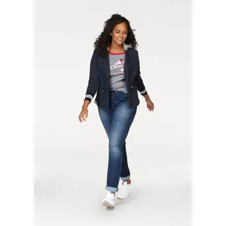 Sweatblazer KANGAROOS, Damen, Gr. 48, blau (marine, hellgrau, meliert), Sweatware, Obermaterial: 65% Polyester, 35% Baumwolle. Einsatz: 63% Polyester, 33% Baumwolle, 4% Elasthan. Kapuze: 50% Baumwolle, 50% Polyester, kontrastfarbene Details, unifarben, figurbetont hüftlang, Rippstrickbündchen, Blazer Sweatblazer, mit vielen Details und abnehmbarer Kapuze