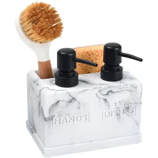 Hand- und Spülseifenspender-Set für Küchenspüle, Doppelseifenspender mit Schwammablage und Bürstenhalter, 4-in-1-Arbeitsplatten-Organizer für Küche, Bad, nützliche Küchenhelfer, weißer Marmor-Look