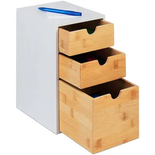Relaxdays Schubladenbox, Bambus & MDF, HBT: 28x17x21,5 cm, Mini-Kommode 3 Schubladen, Schreibtisch Organizer, Natur/weiß