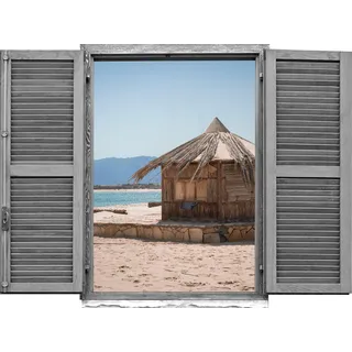 queence Wandtattoo »Hütte am Meer«, (1 St.), Wandsticker, Wandbild, selbstklebend, 3D, Fenster, beige