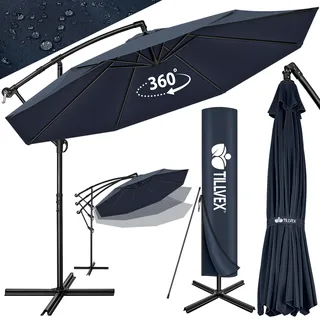 tillvex Sonnenschirm Navy-Blau Ø 350 cm Ampelschirm Gartenschirm Marktschirm Kurbel Balkon Alu Neigbar - Blau