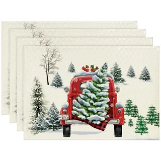 Artoid Mode Lastkraftwagen Bäume Weihnachten Platzsets 4er Set, 30x45cm Urlaub Winter Bankett Tischsets Waschbar Platzdeckchen Küche Party Deko