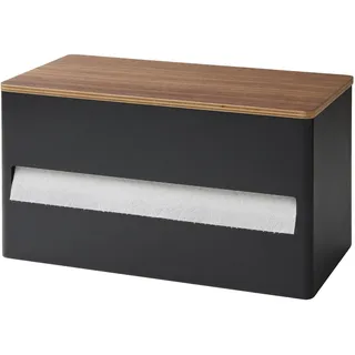 Yamazaki 1644 RIN Küchenrollenhalter, schwarz, Stahl/Holz/Silikon, minimalistisch, 16,2 x 31,2 x 17 cm