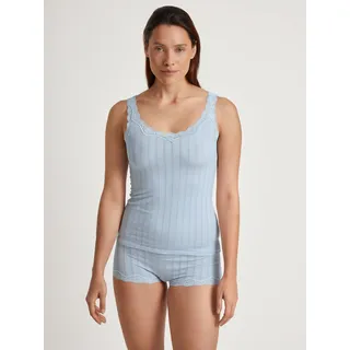 Tanktop CALIDA "Etude Toujours", Damen, Gr. XXS (32/34), blau (arctic ice), Single Jersey, Obermaterial: 95% Baumwolle, 5% Elasthan, unifarben, figurbetont hüftbedeckend, tiefer V-Ausschnitt, Tops Tanktop, zarte Spitze, Nadelstreifen-Design, Cotton-Mix, elastisch