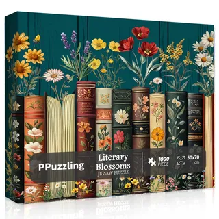 PPuzzling Vintage Wildflower Book Puzzles für Erwachsene, 1000 Teile, Blumen-Buchseiten Jigsaw Puzzle, Retro Bücherregal mit blühenden Wildblumen, Botanisches Literatur-Thema für Buchliebhaber
