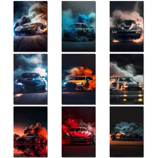 Cunegra 9 Stück Auto Bilder Für Die Wand, Car Poster Supercar Leinwand, Auto Poster Faltenfrei, Zimmer Deko Jungs, Für Garage Büro Wohnzimmer, Geschenk Für Autoliebhaber