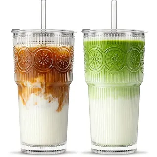INSETLAN 2 Stück 600ml Floral Glas mit Deckel und Strohhalm, dickwandige und robuste Smoothie Trinkglas mit Strohhalm und Deckel, ideal als Kaffee,Matcha, Smoothie