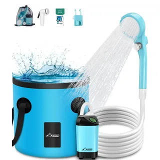 WADEO Tragbare Campingdusche Akku mit Pumpe und Duscheimer, Outdoor-Camping-Duschset mit Akku, Mobile Duschen Außenduschen mit Duschkopf und Schlauch, für Camping Reisen Garten Wandern Autowaschen
