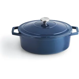 Qulinart by Brandt - Bräter Individuell - Deckel aus Gusseisen mit Knopf aus Edelstahl - Induktionsgeeignete Cocotte - Backofenfest - Blau (Oval)