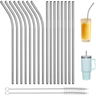 16 Stück Edelstahl Strohhalm,Mit 2 Reinigungsbürsten,Strohhalme Edelstahl,Metallstrohhalme,Trinkhalme Edelstahl,Metall Strohhalm,Waschbar,Strohhalme Für Cocktails,Smoothie Und Säfte