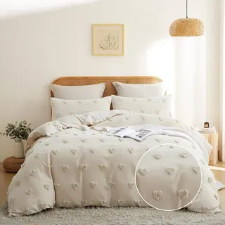 Freyamy Boho Bettwäsche 220x240cm Beige Getuftet Herz Bettwäsche-Sets Stickerei Shabby Chic Bettwaren-Sets Microfaser Mädchen Deckenbezug 1 Bettbezug mit Reißverschluss und 2 Kissenbezug 80x80cm