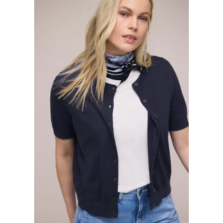 Cardigan STREET ONE, Damen, Gr. 36, blau (shadowed navy), Strick, Obermaterial: 60% Viskose, 40% Baumwolle, unifarben, normal hüftbedeckend, Rundhals, Bündchen, Strickjacken Cardigan, Kurzarm-Cardigan mit Rundhals