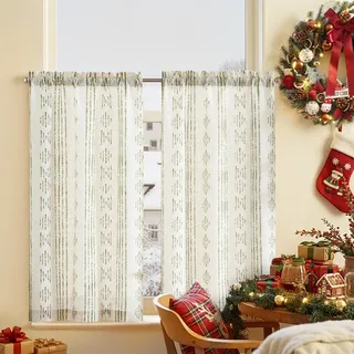 TOPICK Boho Gestreifte Küchen Scheibengardinen Leinen 90 cm Lang Bohemian Kurz Bistrogardine mit Streifen Lichtfilterung Küchengardinen für Esszimmer Badezimmer Klein Fenster Grün auf Beige 2er Set