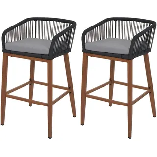 Mendler 2er-Set Rope-Barhocker HWC-O22, Outdoor Sitzpolster Seilgeflecht Metall Holz-Optik anthrazit, Kiss