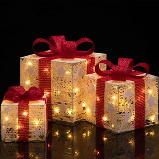 BAKAJI Set mit 3 leuchtenden Geschenkpackungen für Weihnachten mit Stern-Dekoration, Sterne, Dekoration, LED-Lichter, Weihnachtsbeleuchtung, Box mit Weihnachtsbeleuchtung, Weihnachtsdekoration