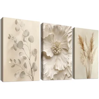 3Pcs Beige Blume Pampasgras Leinwand Bilder Set Mit Rahmen Creme Eukalyptus Blatt Bilder auf Leinwandbilder Minimalistisch Floral Wandbilder Wohnzimmer Schlafzimmer Badezimmer Wanddeko 30x40cm x3pcs