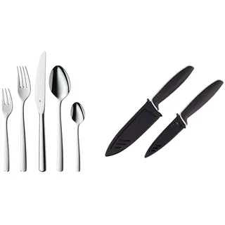 WMF Boston Edelstahl Besteck Set 6 Personen, Essbesteck Set 30 teilig, Monobloc-Messer & Touch Messerset 2-teilig, Küchenmesser mit Schutzhülle, Spezialklingenstahl antihaftbeschichtet, schwarz