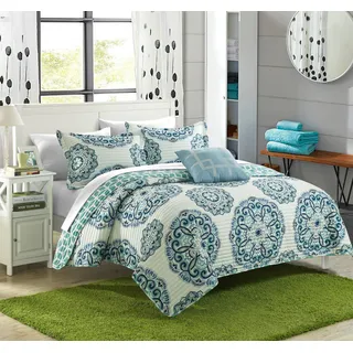 Chic Home Madrid Wende-Bettwäsche-Set, Doppelbett, 3-teilig, Mikrofaser, geometrisches Medaillon, Boho-Muster, Steppdecke, Kissenbezug und dekoratives Kissen, Grün