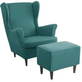 Generisch Ohrensessel überzug mit Hocker Bezug- 2 Teilig Sessel-Überwürfe+1 Teilig Ottomane Schonbezug, Beige/Grün/Rosa/Blau Schonbezüge Sesselhusse Stretch Stuhlbezug mit Armlehne,I