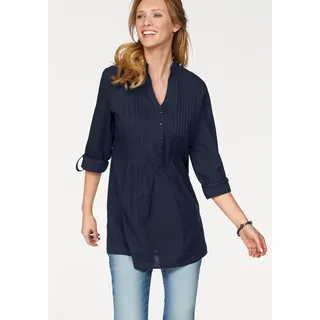 Longbluse ANISTON CASUAL, Damen, Gr. 50, blau (marine), Web, Obermaterial: 100% Baumwolle, unifarben, figurumspielend ca. Mitte Oberschenkel, Rundhals, 1-Knopf-Manschette krempelbar, Blusen Longbluse, mit dekorativer Biesenverarbeitung, Topseller