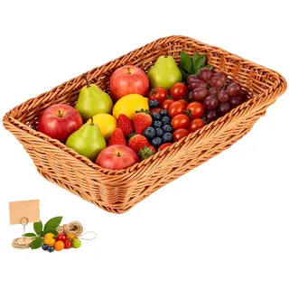 Tissting Brotkorb Geflochten 30 x 20 x 7 cm Rechteckig Große Obsttablett Schreibtisch Deko Brotkörbchen Speisen Korb Geschenkkorb Lebensmittelkorb für Brot Obst Gemüse