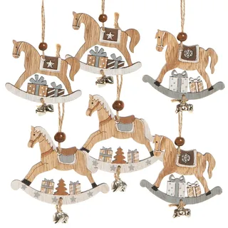 6 Schaukelpferd Anhänger aus Holz mit Glöckchen – 8 x 6,5 cm – Christbaumschmuck in Braun, Grau & Weiß – Deko für Weihnachten & Geschenke