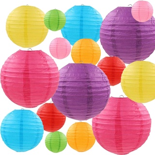 LURICO 16 Stück bunte Papierlaternen (mehrfarbig, Größe von 10,2 cm, 15,2 cm, 20,3 cm, 25,4 cm) – chinesische/japanische Papier-Hängedekoration, Kugellaternen für Heimdekoration, Partys und Hochzeiten