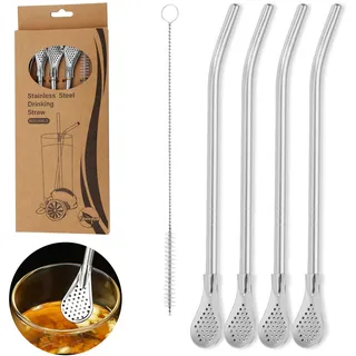 4 x Trinkhalme aus Edelstahl 304, wiederverwendbar, Edelstahl-Strohhalme mit Filterlöffel, Metallstrohhalme, mit Reinigungsbürsten, Filter, für Säfte und Getränke
