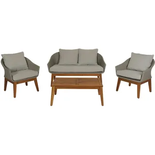 Mendler Gartengarnitur HWC-N37, Garten-/Lounge-Set Sofa Sitzgruppe, Poly-Rattan Holz Akazie grau, Kissen hellgrau