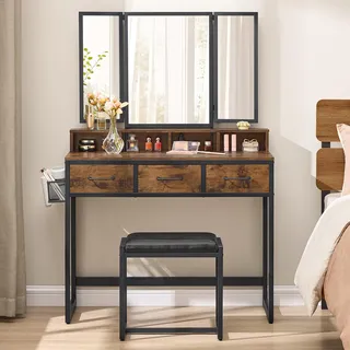 VASAGLE Doppel-Unterschrank-Set mit gepolstertem Hocker, Schminktisch mit Dreispiegel, 3 Schubladen, Haartrockner, Schminktisch, industrieller Stil, rustikal braun und schwarz RVT004B01