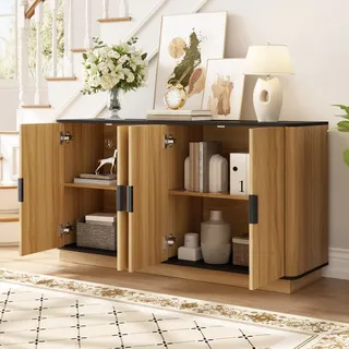 STILVORA Sideboard 4-türig mit vertikaler Riffelung und Holzoptik, Wohnzimmerschrank mit Stauraum für Wohnzimmer Flur und Esszimmer, Aufbewahrungsschrank modern