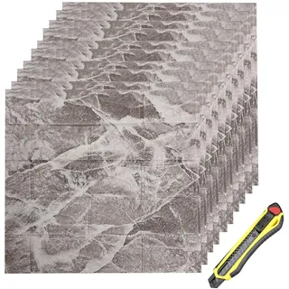 Hyesrtey 10 Stück 3D Wandpaneele 35x38.5cm Selbstklebend Küchenrückwand Ziegel Tapeten Steinoptik 4 mm Steintapete Wandaufkleber Wasserdicht Wandtapete für Küche Schlafzimmer (Grauweiß)