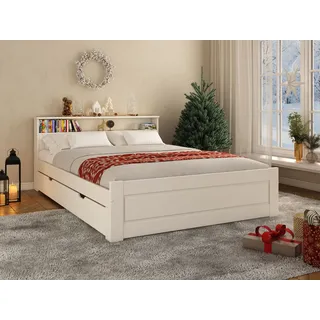 otto home Massivholzbett OTTO HOME "FLAVION, TOPSELLER Jugendbett, FSC zertifizierte massive Kiefer", weiß (weiß, weiß, weiß), B:185cm H:77,6cm L:217,3cm, Betten, Massivholzbett, Qualitätsprodukt, Regal, Kassettenoptik, Schublade optional