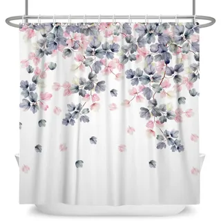 SDOTPMT 120x180cm Rosa Grau Blumendusche Vorhang Frühling Boho Vintage-Stil Romantisch Blühen Blumen Pflanzen Naturlandschaft Badevorhang für Badezimmer Badewannen Dekorationen mit Haken