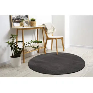 Mia's Teppiche Comfort Moderner Flauschiger Kurzflor Teppich, Anti-Rutsch Unterseite, Waschbar bis 30 Grad, Super Soft, Felloptik, Anthrazit, 160 cm Rund