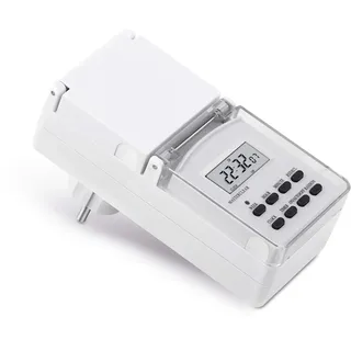 conecto Zeitschaltuhr digital für die Steckdose, Innen- und Außenbereich, 10 Schaltprogramme, 1,5" LCD-Display, inkl. Reserve-Akku, IP44, 3600 Watt, weiß