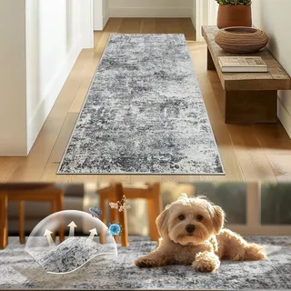 TOPICK Läufer Flur Waschbar Küche Läufer Modern Abstrakte Teppich Dünner Antibakterieller Faltbar rutschfest Teppich für Brücken Schlafzimmer Wohnzimmer Tisch Flur Eingangsbereich 60x180cm Grau